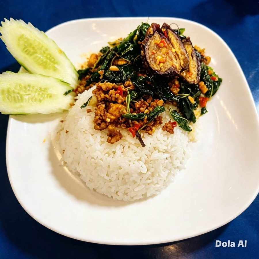 Stir-fried Century Egg with Basil served with Rice